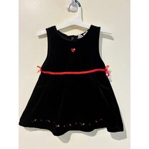 McKids Vintage Black Velvet Embroidered Heart Dress 18M Red Ribbon Trim Holiday